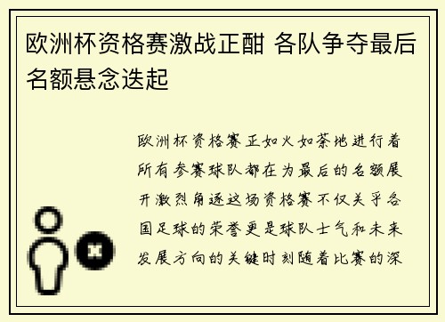 欧洲杯资格赛激战正酣 各队争夺最后名额悬念迭起