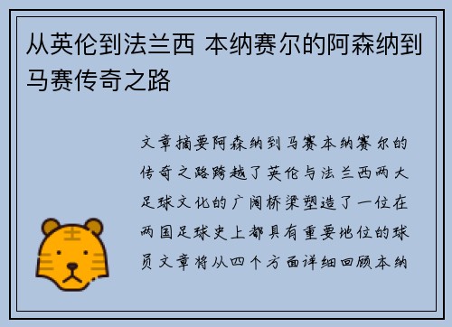 从英伦到法兰西 本纳赛尔的阿森纳到马赛传奇之路